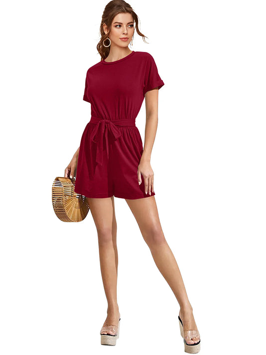 Round Neck Playsuit With Waist Tie-Ups