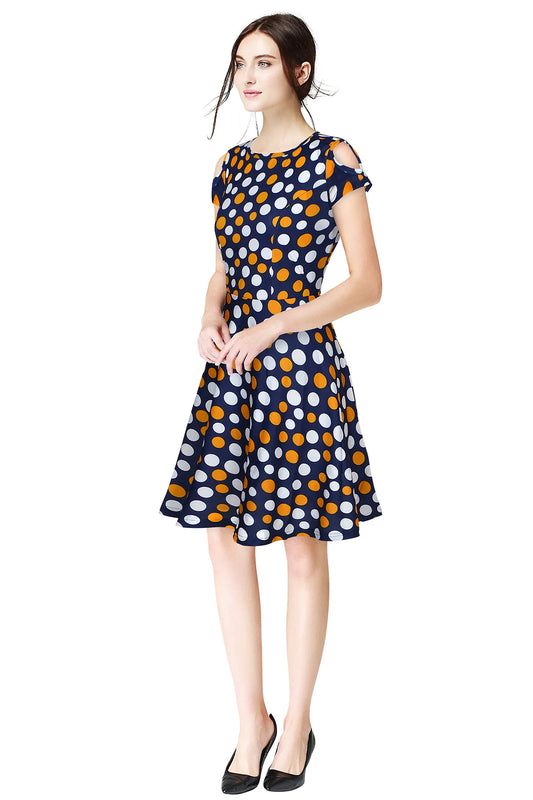 Yellow Dot Printed Round Neck One Piece Skater Dress