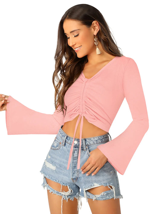 Ruched Flare-Sleeve Crop Top
