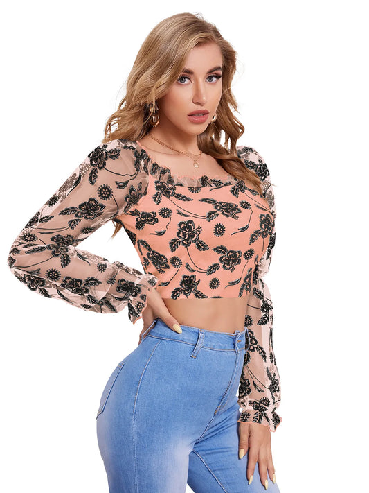 Embroidered Mesh Crop Top