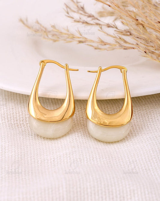 Golden Teardrop Hoop Earrings with Polished Inlay