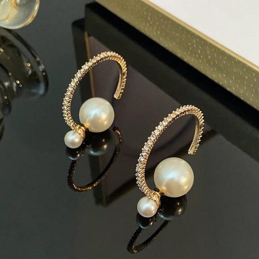 Curved Gold & Pearl Drop Earrings