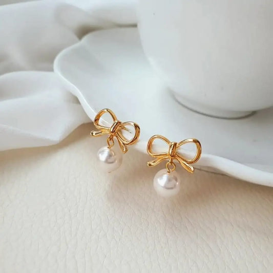 Gold Bow & Pearl Drop Earrings
