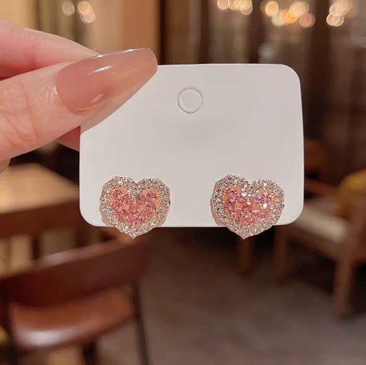 Pink Crystal Heart Stud Earrings