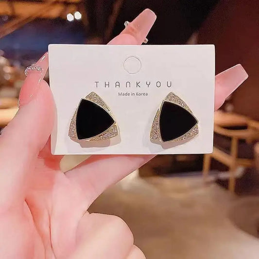 Black Enamel & Gold Triangle Stud Earrings
