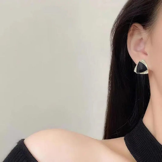 Black Enamel & Gold Triangle Stud Earrings