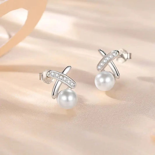 Pearl & Zirconia Arc Stud Earrings