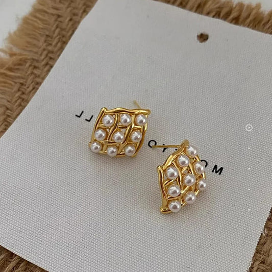 Pearl Grid Gold-Toned Earrings