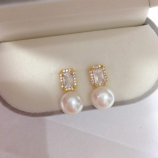 Gold Pearl Drop Earrings with Crystal Studs