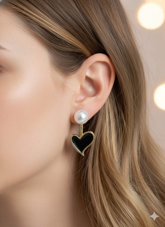Black Heart Pearl Drop Earrings