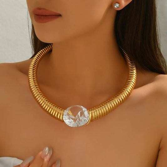 Sitara Luxe: Gold Coil Choker with Crystal Centerpiece