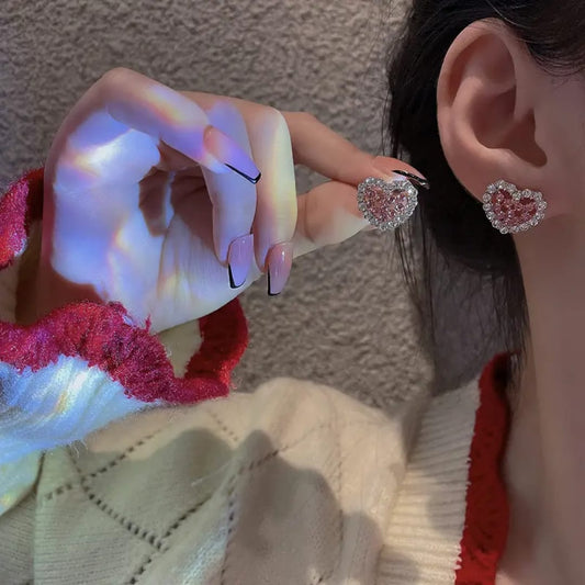 Pink Crystal Heart Stud Earrings