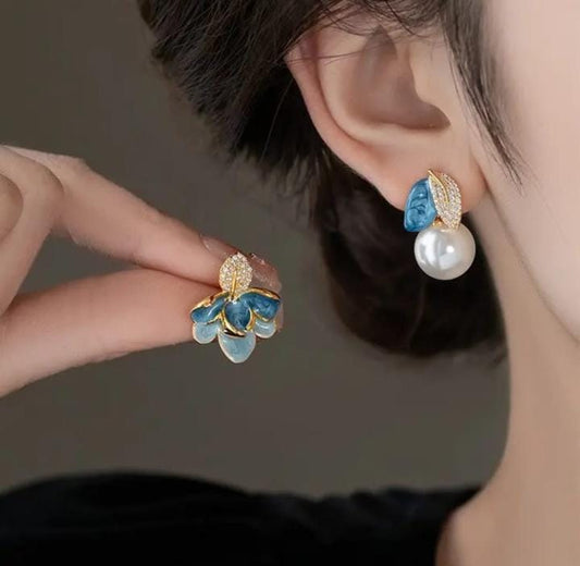 Blue & Pearl Floral Earrings