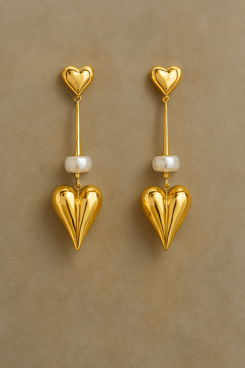 Pearl-Linked Gold Heart Drop  Earrings