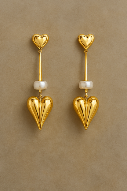Pearl-Linked Gold Heart Drop  Earrings