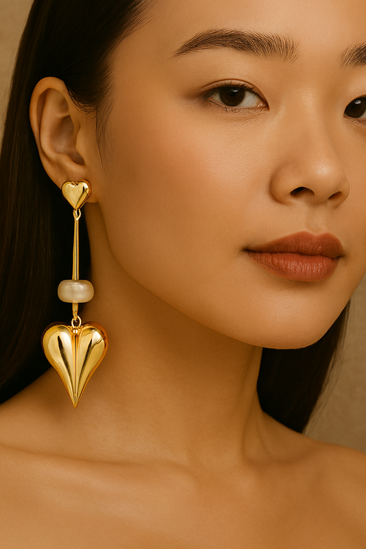 Pearl-Linked Gold Heart Drop  Earrings