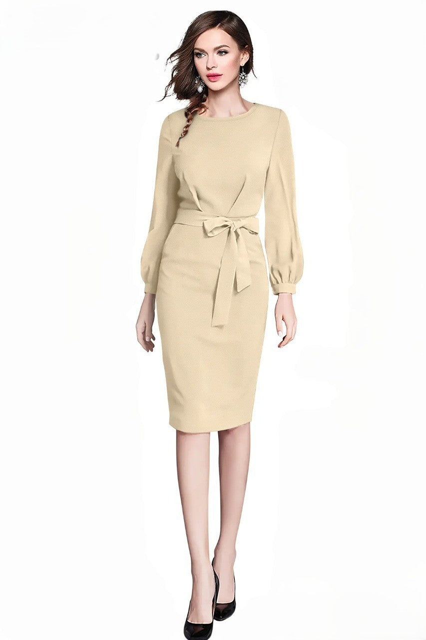 Beige Belted Midi Dress with Long Sleeves