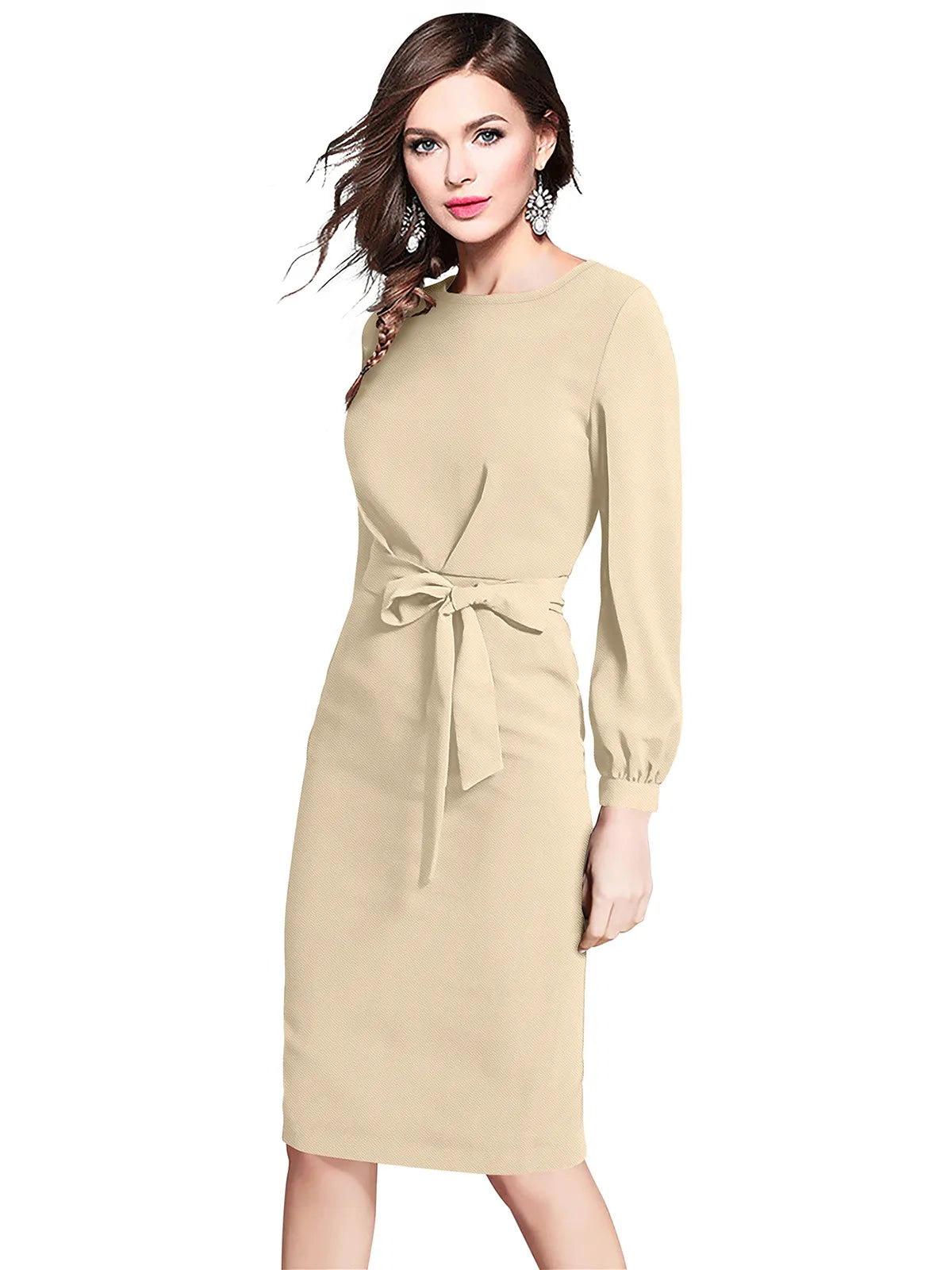 Beige Belted Midi Dress with Long Sleeves