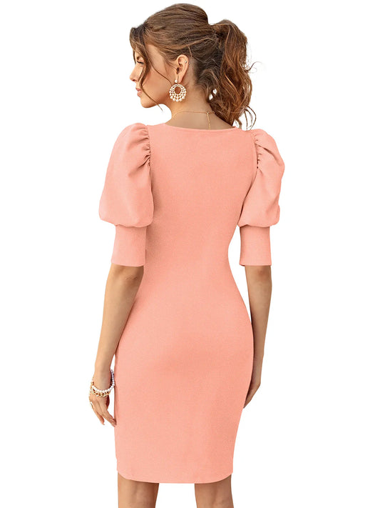 Women's Puff Sleeve V-Neck Bodycon Dress
