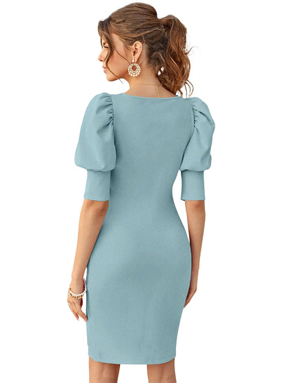 Women's Puff Sleeve V-Neck Bodycon Dress