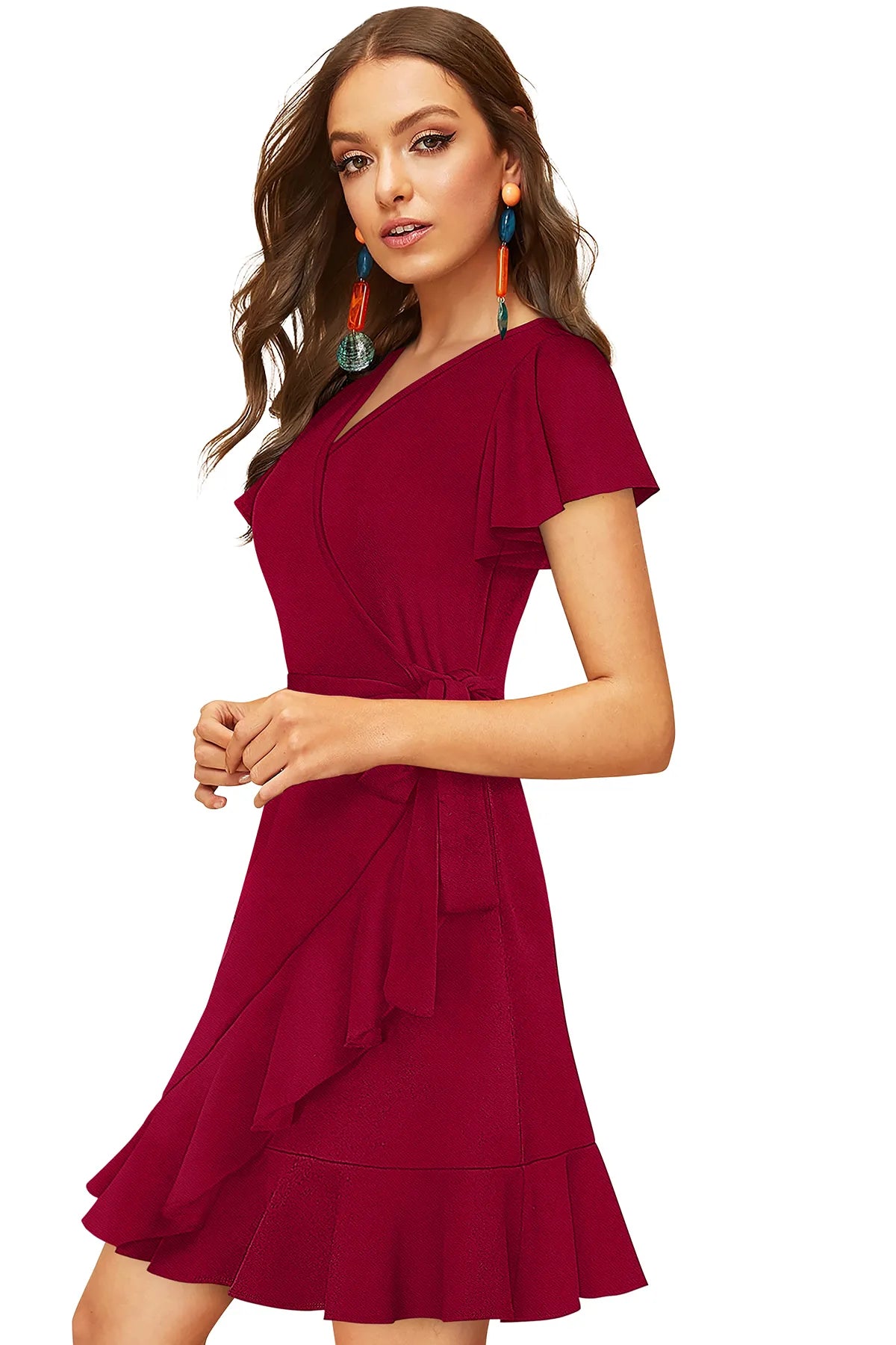 Women V-Neck Fit & Flare Dress with Ruffles