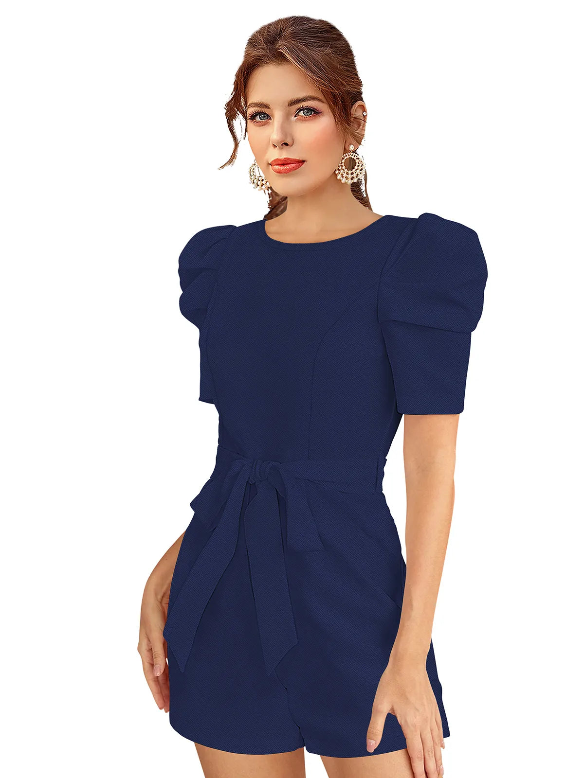 Round Neck Playsuit With Waist Tie-Ups