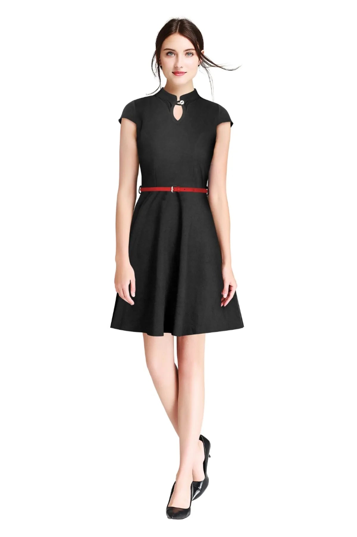 Black Fit & Flare Dress with Red Belt