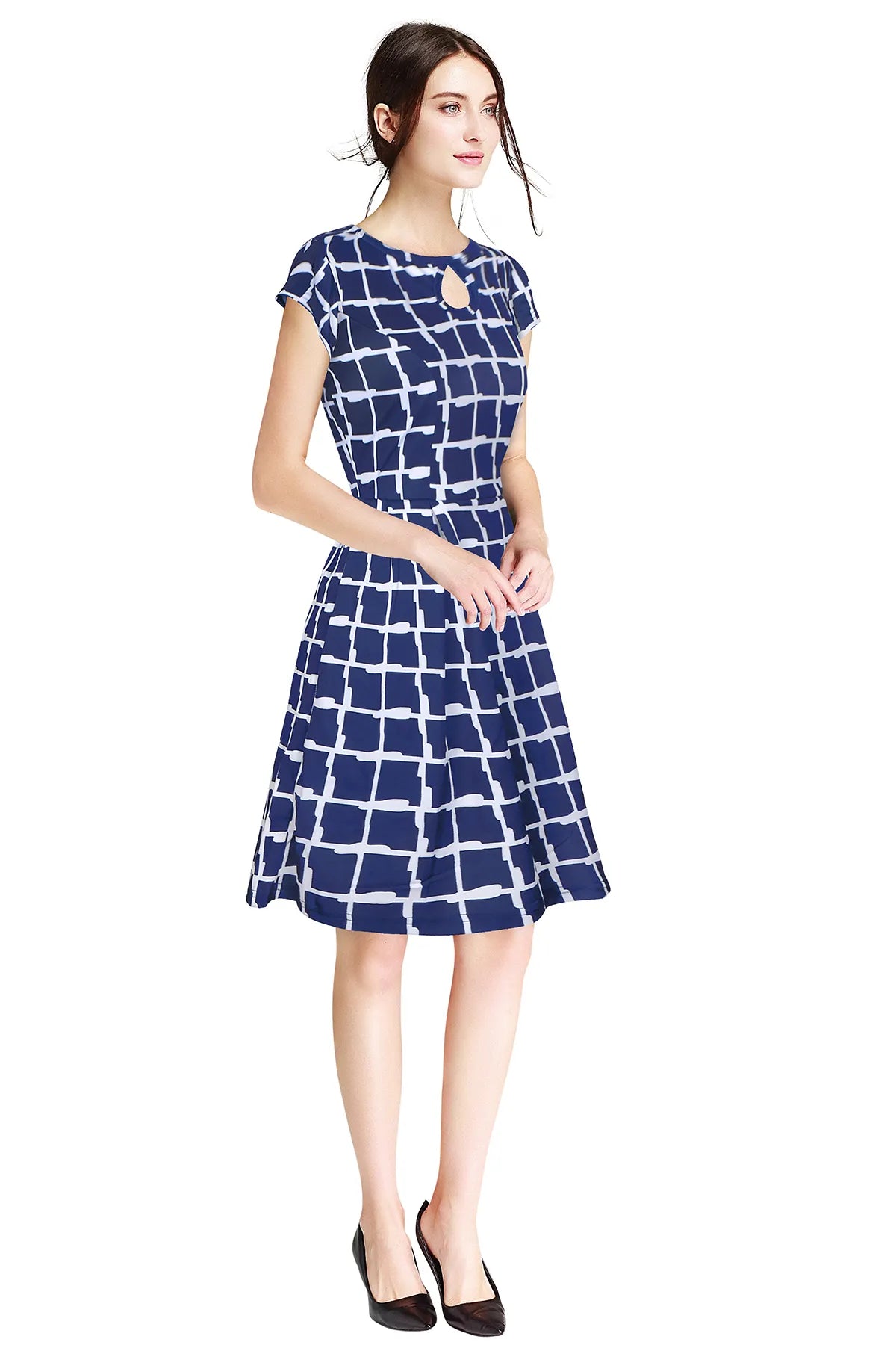 Women Checked Fit & Flare Dress with Round Neck