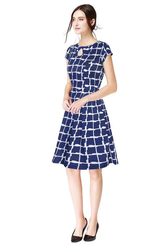 Women Checked Fit & Flare Dress with Round Neck