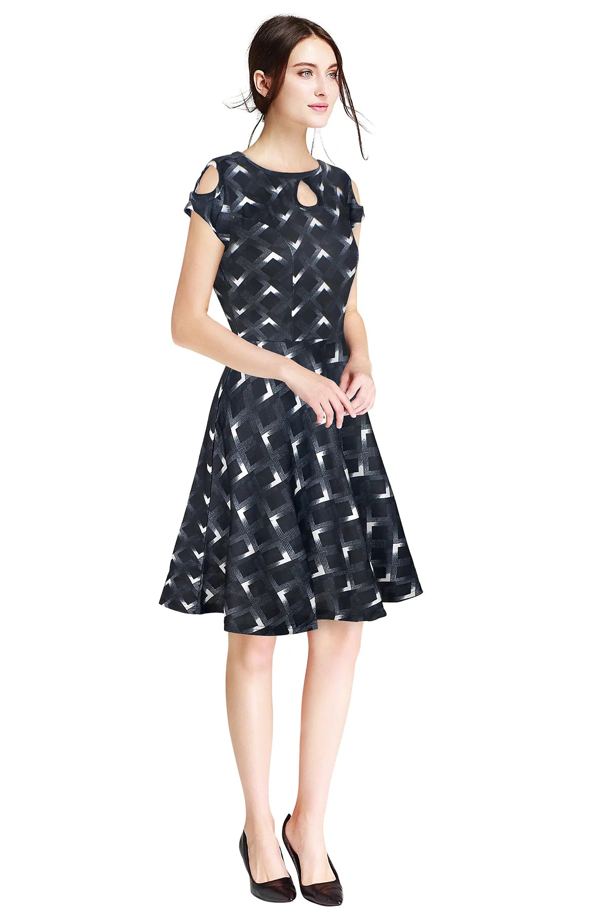 Black Geometric Print Dress with Cut-Out Sleeves