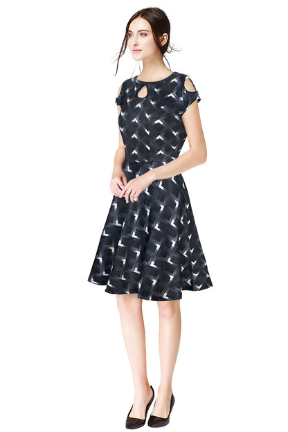 Black Geometric Print Dress with Cut-Out Sleeves