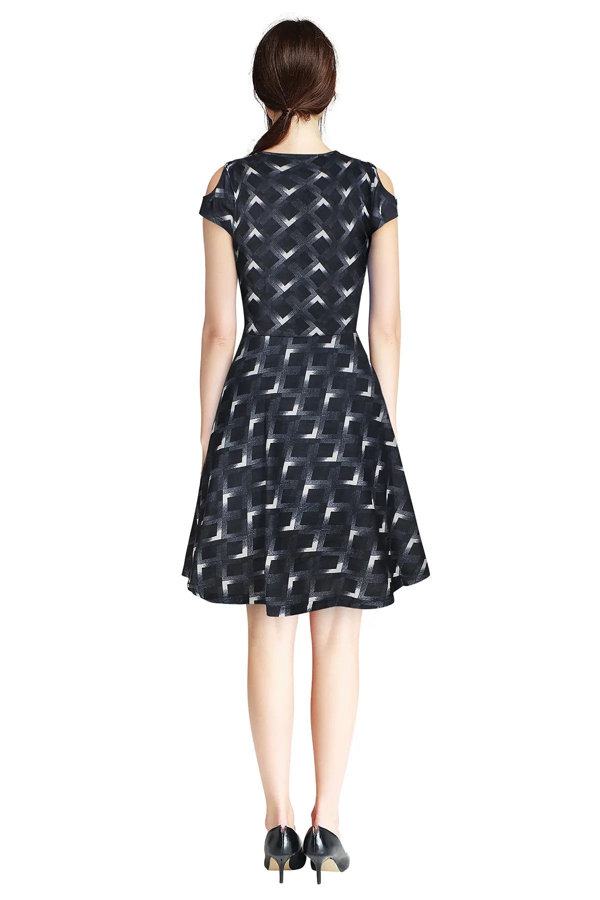 Black Geometric Print Dress with Cut-Out Sleeves