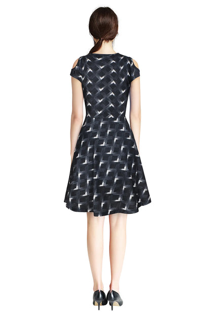 Black Geometric Print Dress with Cut-Out Sleeves