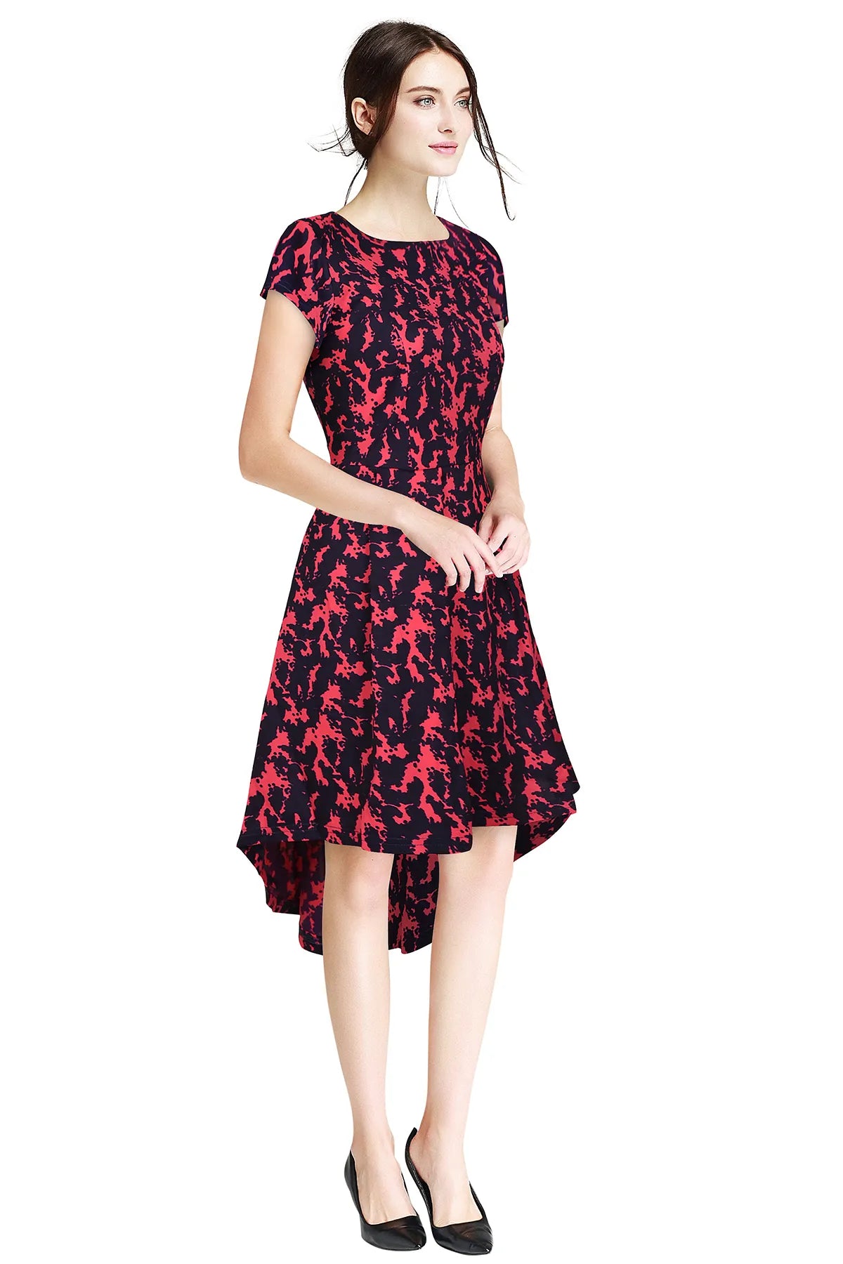 Black High-Low Dress with Red Abstract Print