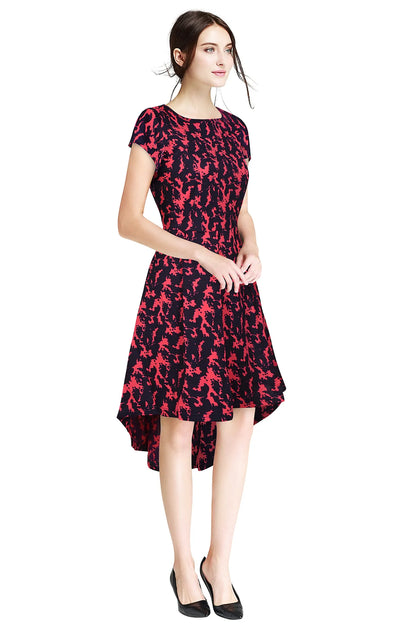 Black High-Low Dress with Red Abstract Print