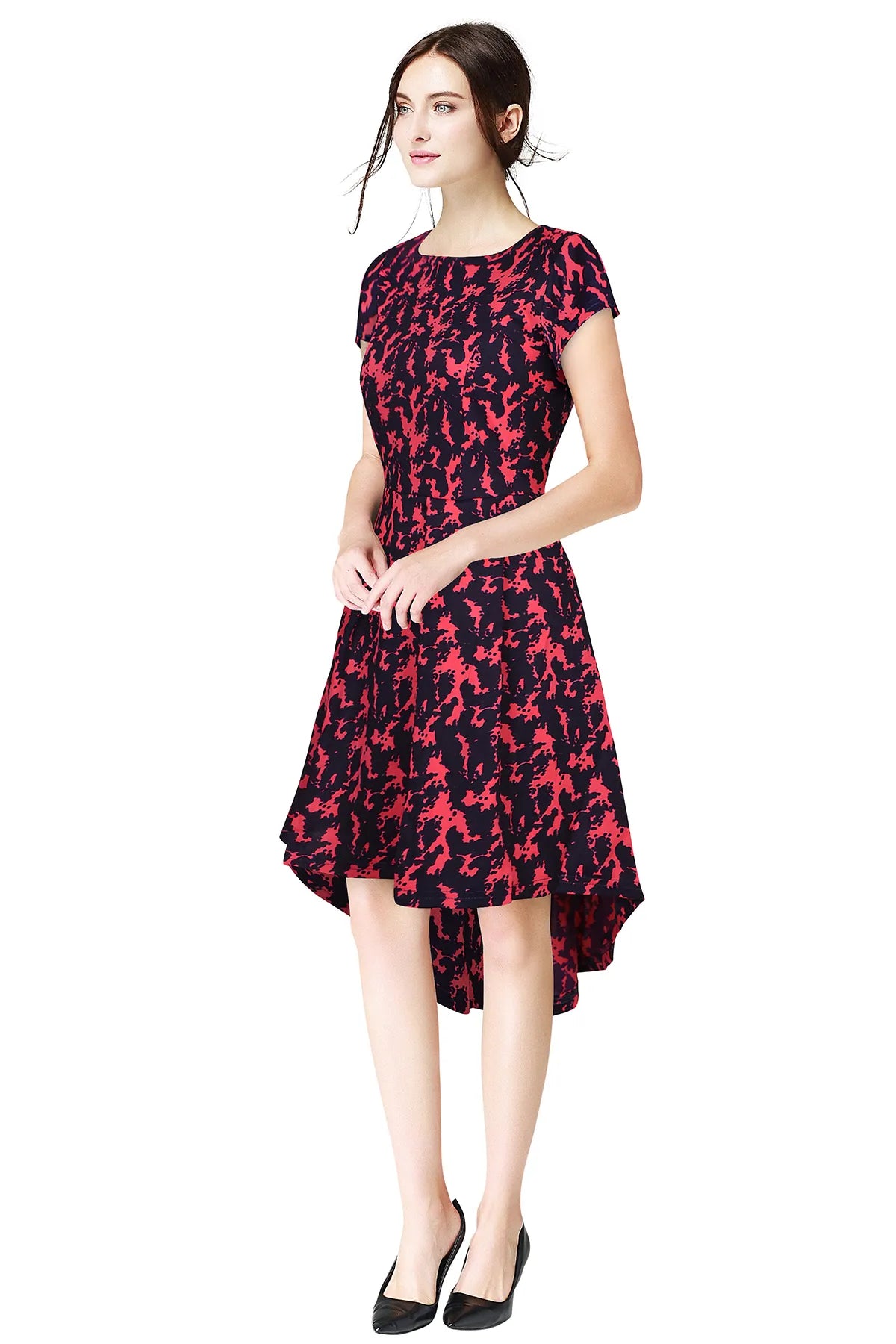Black High-Low Dress with Red Abstract Print