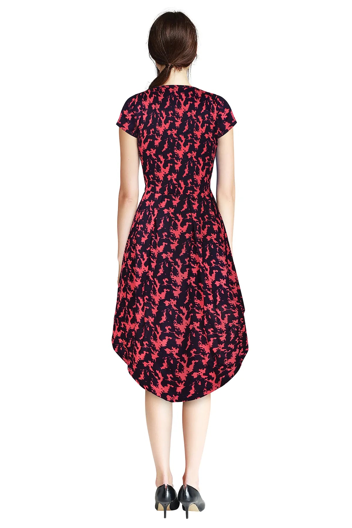 Black High-Low Dress with Red Abstract Print