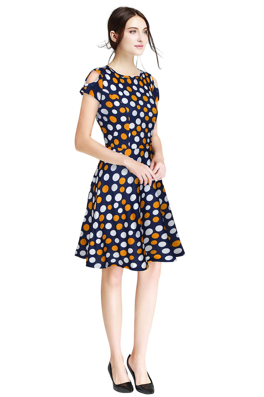 Yellow Dot Printed Round Neck One Piece Skater Dress