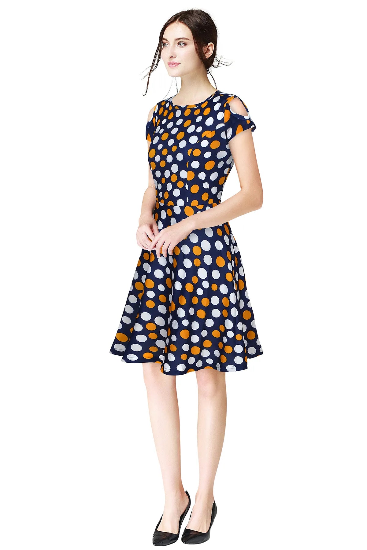Yellow Dot Printed Round Neck One Piece Skater Dress