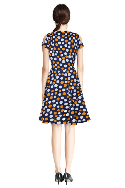 Yellow Dot Printed Round Neck One Piece Skater Dress