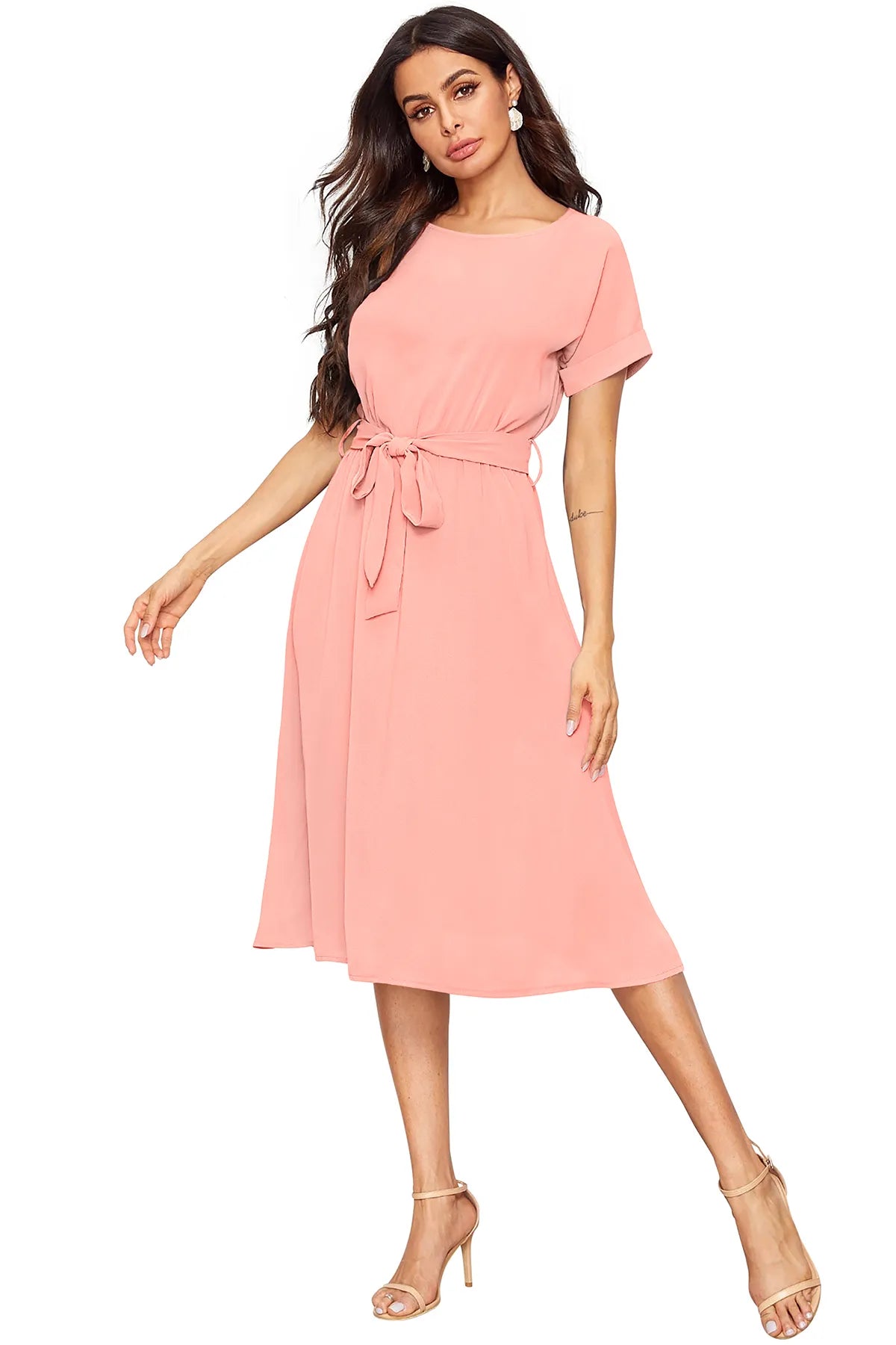 Women Round-Neck Fit & Flare Dress with Waist Tie-Up