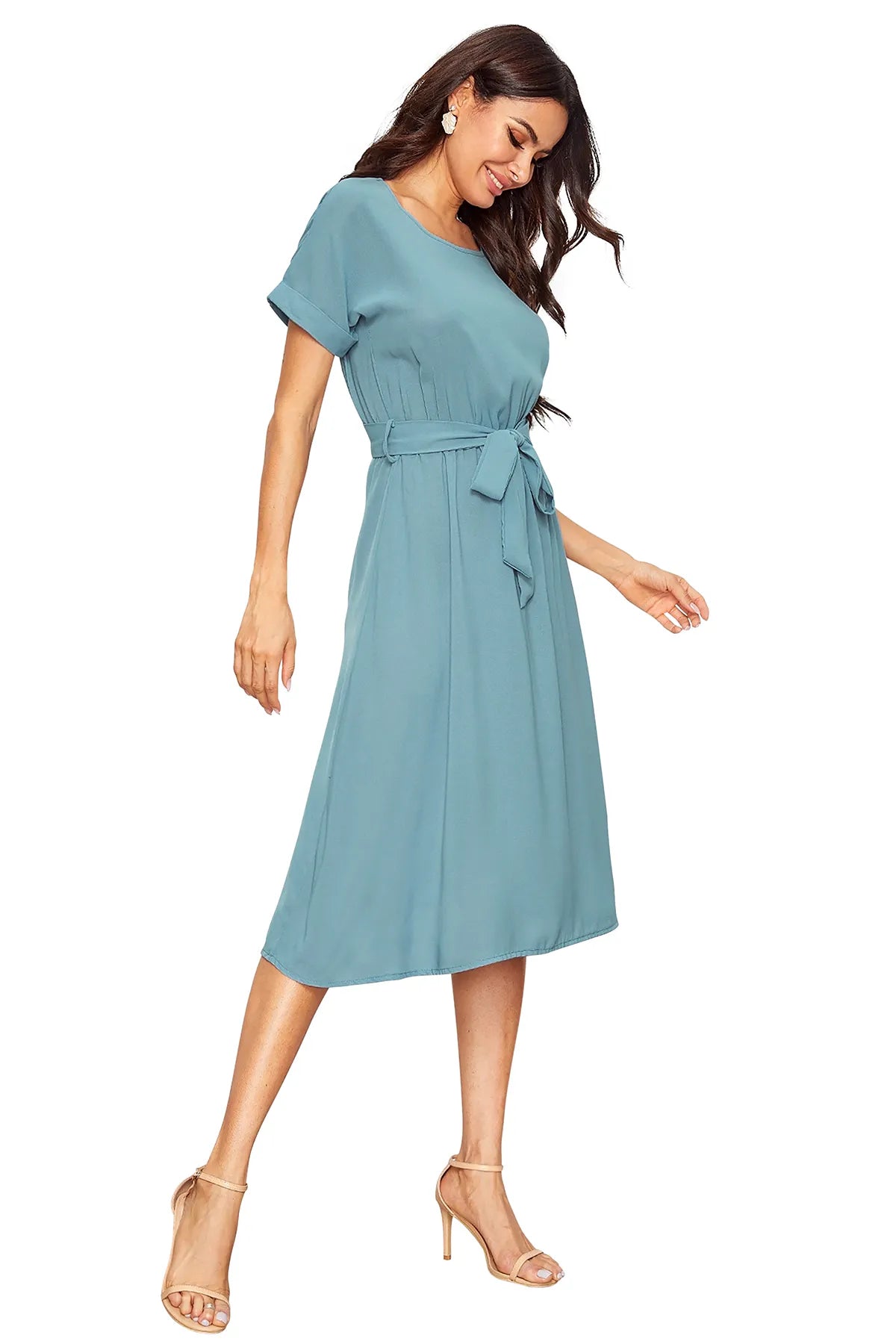 Women Round-Neck Fit & Flare Dress with Waist Tie-Up