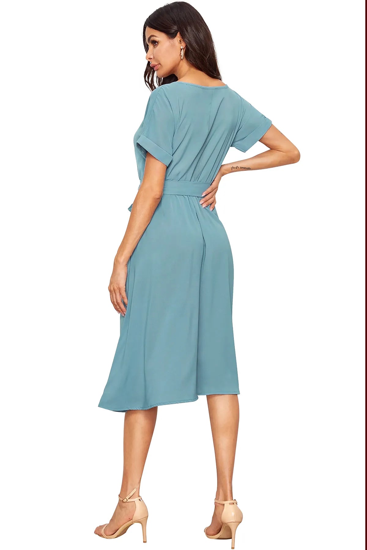 Women Round-Neck Fit & Flare Dress with Waist Tie-Up