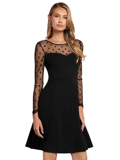 Black A-Line Dress with Sheer Polka Dot Sleeves