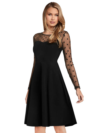 Black A-Line Dress with Sheer Polka Dot Sleeves