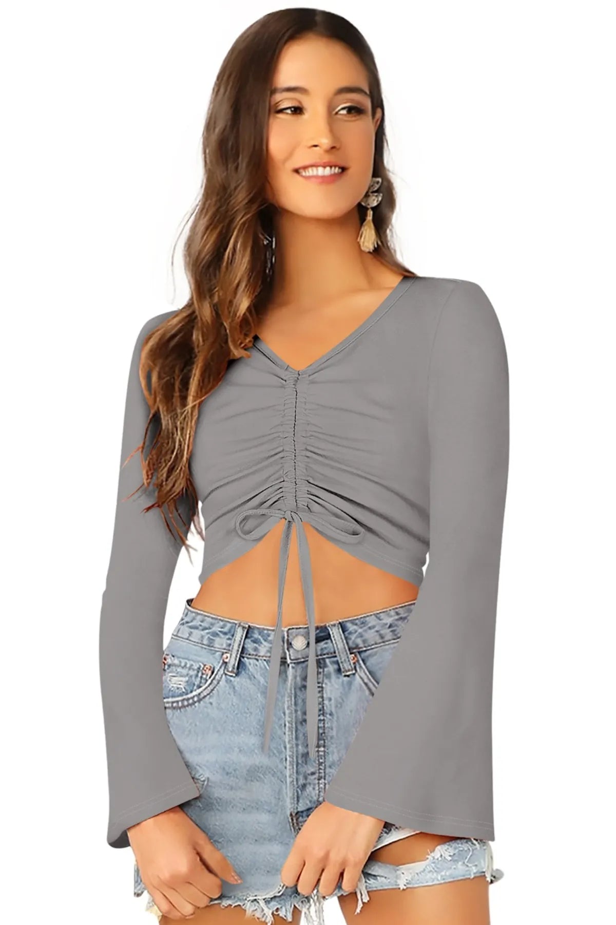 Ruched Flare-Sleeve Crop Top