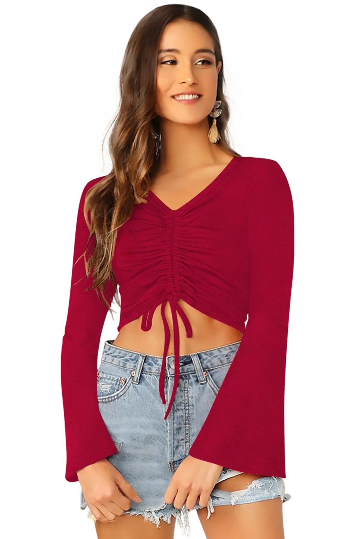 Ruched Flare-Sleeve Crop Top