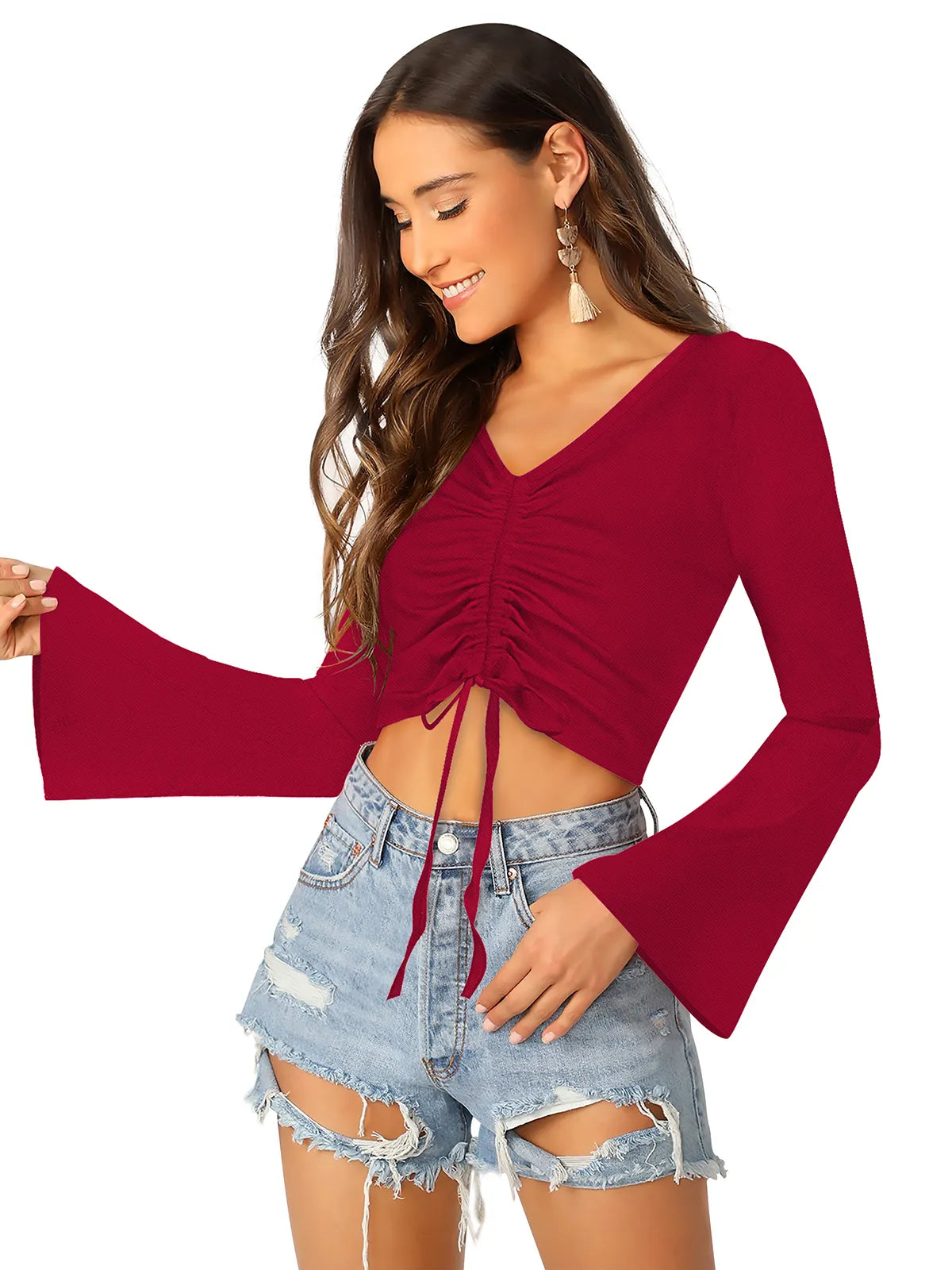 Ruched Flare-Sleeve Crop Top