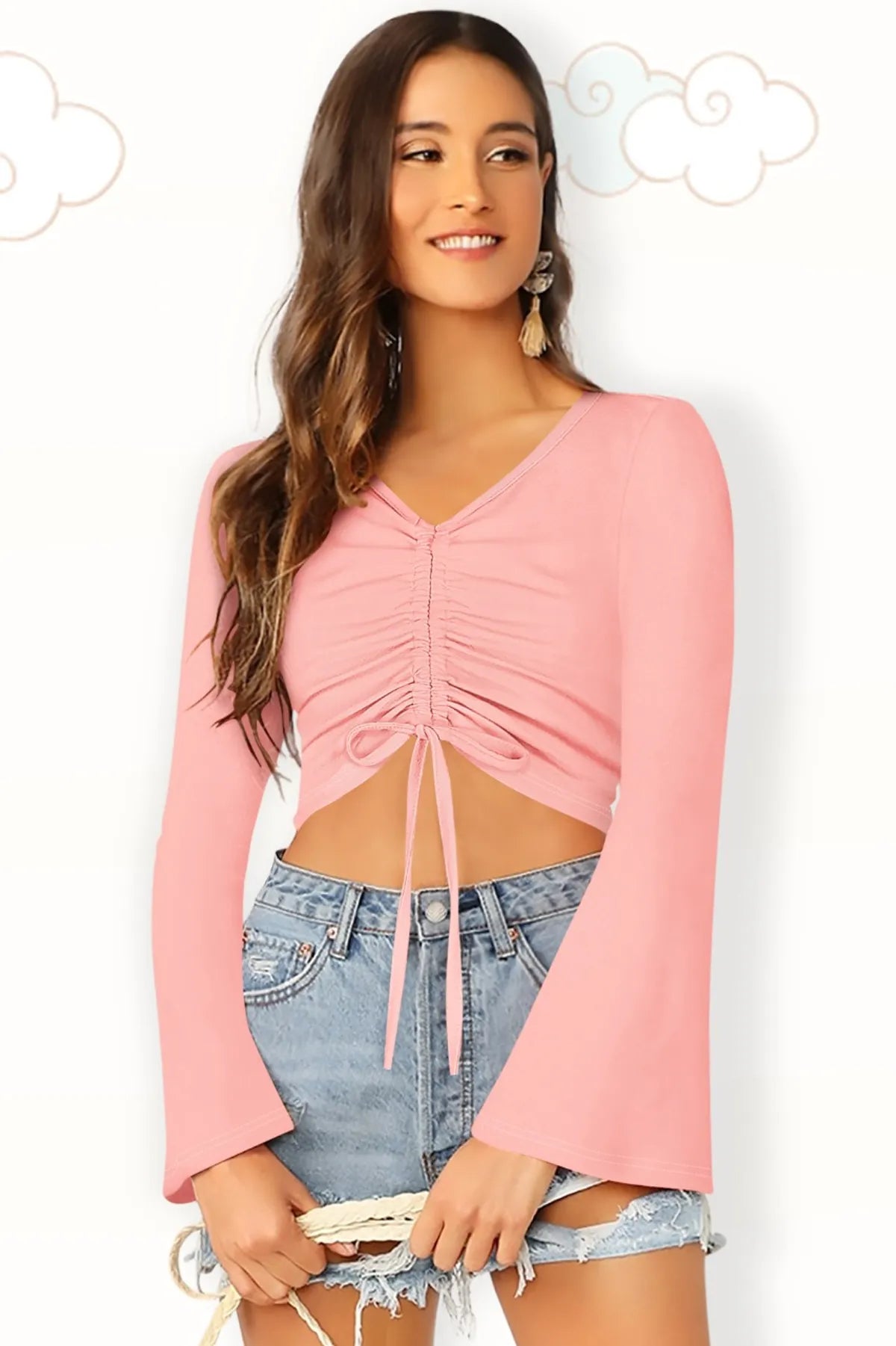 Ruched Flare-Sleeve Crop Top