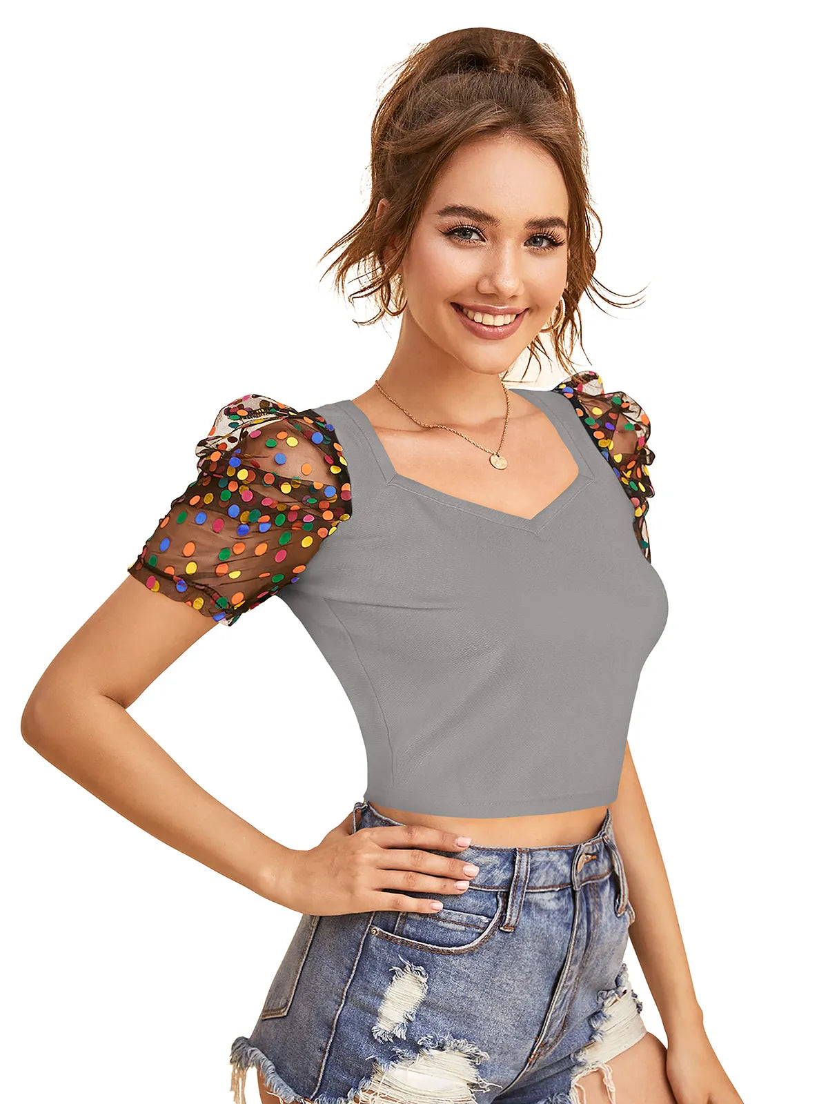 Polka Dot Puff Sleeve Top